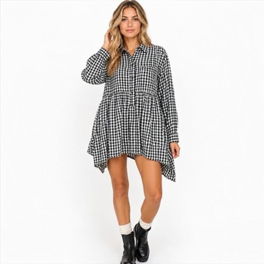 Zara Womens Black White Gingham Plaid Babydoll Peplum Mini Dress Tunic Top Sz S